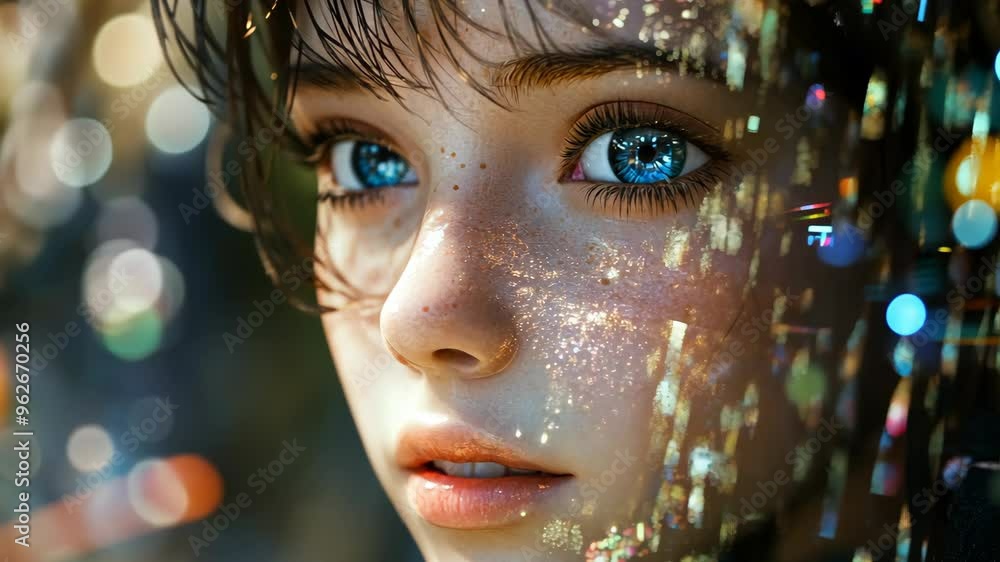 A detailed exploration of a captivating digital character with expressive eyes and a shimmering city backdrop A detailed exploration of a captivating digital character with expressive eyes and a shimmering city backdrop