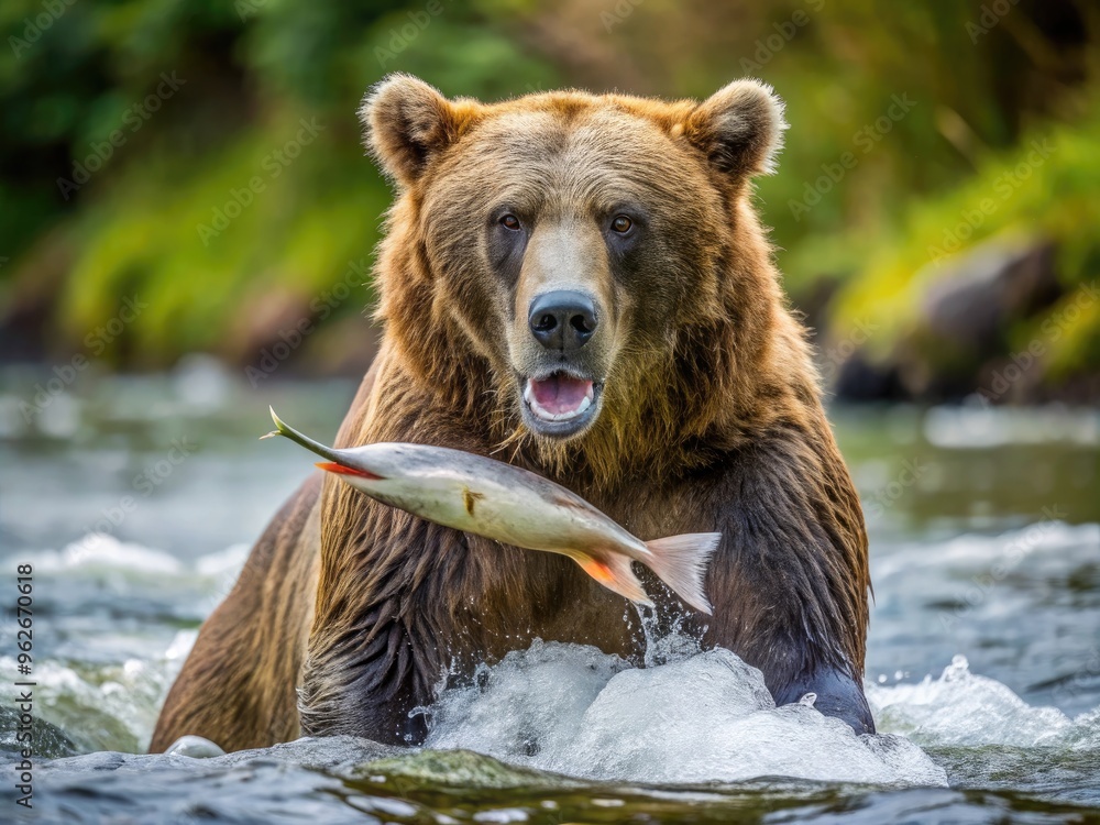 A large grizzly bear stands upright in a tranquil river, its jaws wide open as it devouring a freshly caught silver salmon in the wild. A large grizzly bear stands upright in a tranquil river, its jaws wide open as it devouring a freshly caught silver salmon in the wild.