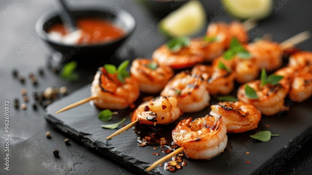 Chili sauce used as a marinade for grilled shrimp, with fresh herbs and spices on a modern kitchen counter. Chili sauce used as a marinade for grilled shrimp, with fresh herbs and spices on a modern kitchen counter.