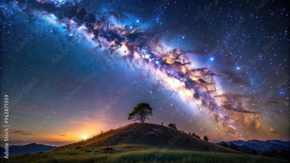 Milky way galaxy shining brightly in the night sky over a hill, Milky way, galaxy, stars, night sky, hill, astronomy Milky way galaxy shining brightly in the night sky over a hill, Milky way, galaxy, stars, night sky, hill, astronomy