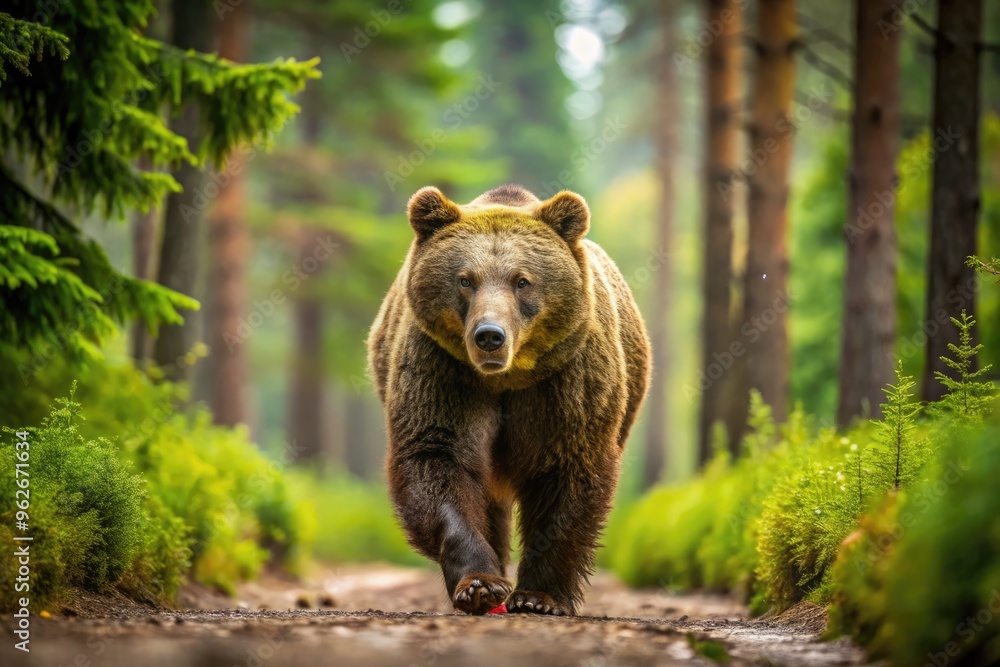 A majestic brown bear walks alone along a serene forest trail, its powerful legs and muscular body evident in a tranquil, natural setting. A majestic brown bear walks alone along a serene forest trail, its powerful legs and muscular body evident in a tranquil, natural setting.