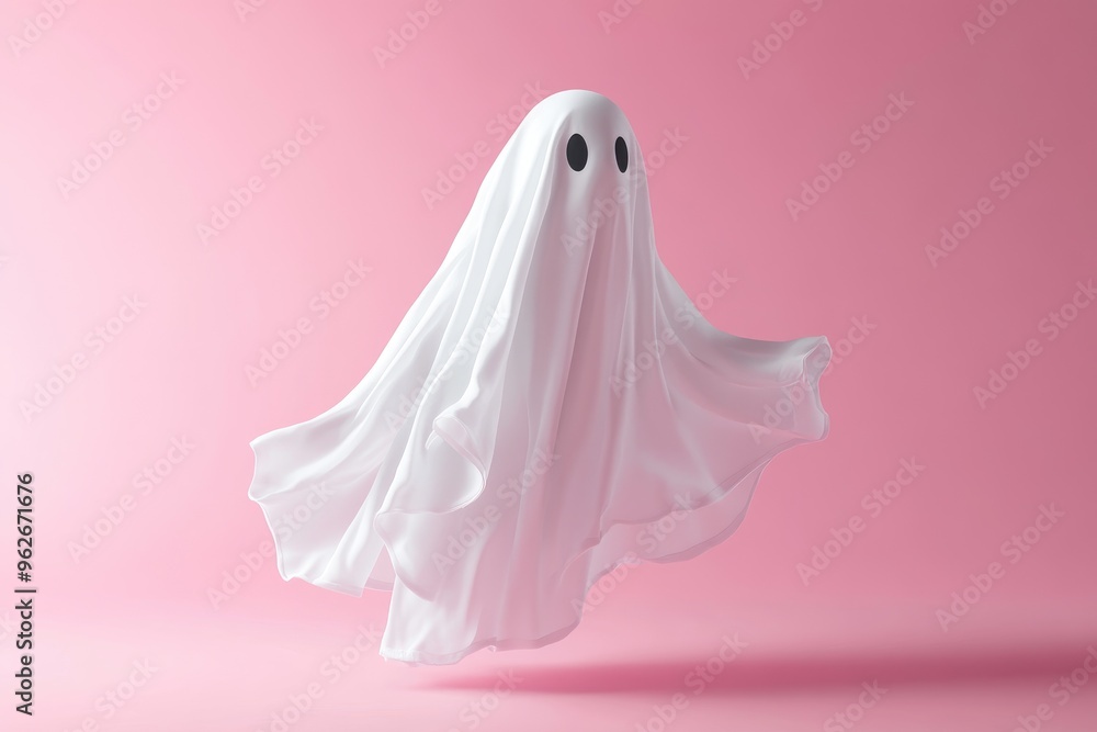 3D Render of a Floating White Fabric Ghost on Pink Background, Halloween Decoration, Spooky Scene 3D Render of a Floating White Fabric Ghost on Pink Background, Halloween Decoration, Spooky Scene