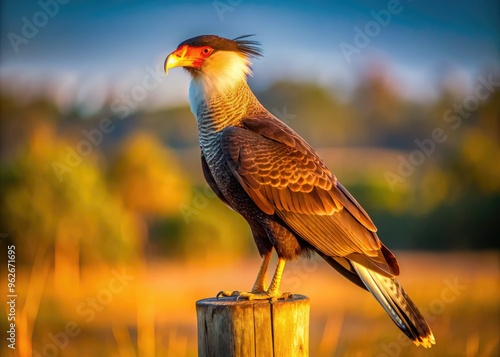 A majestic crested caracara bird perches on a wooden fence post, its distinctive crest and sharp talons gleaming in the warm, golden light of a sunny day. photo