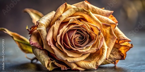 A delicate, once-beautiful rose lies wilted and worn, its petals curled and brown, symbolizing the fleeting nature of beauty and the passage of time. photo