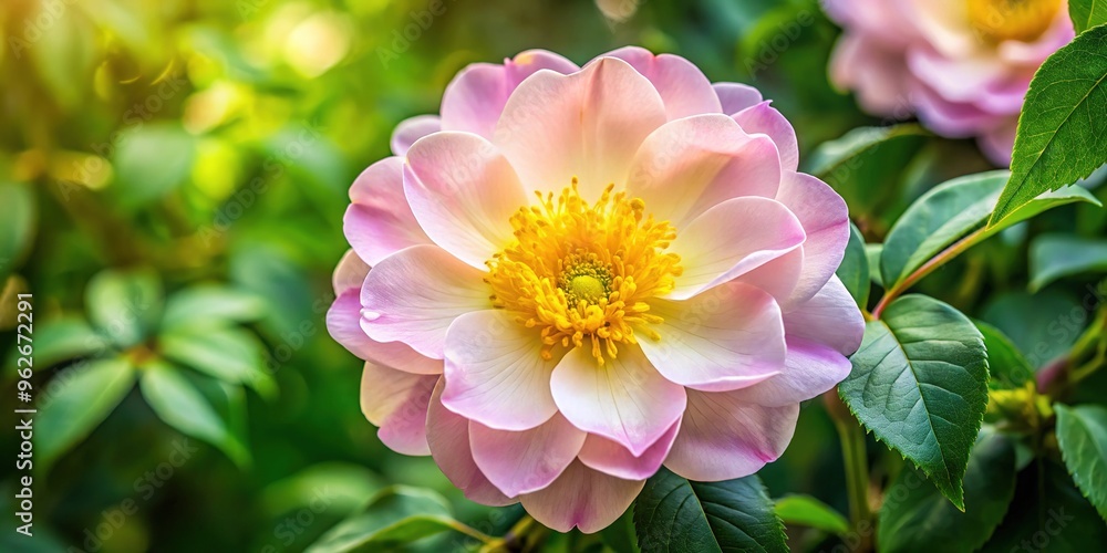 Obraz premium A delicate, velvety-petaled flower with yellow centers and soft pink hues peeks from lush green foliage, adorned with intricate lacy details and subtle shimmer.