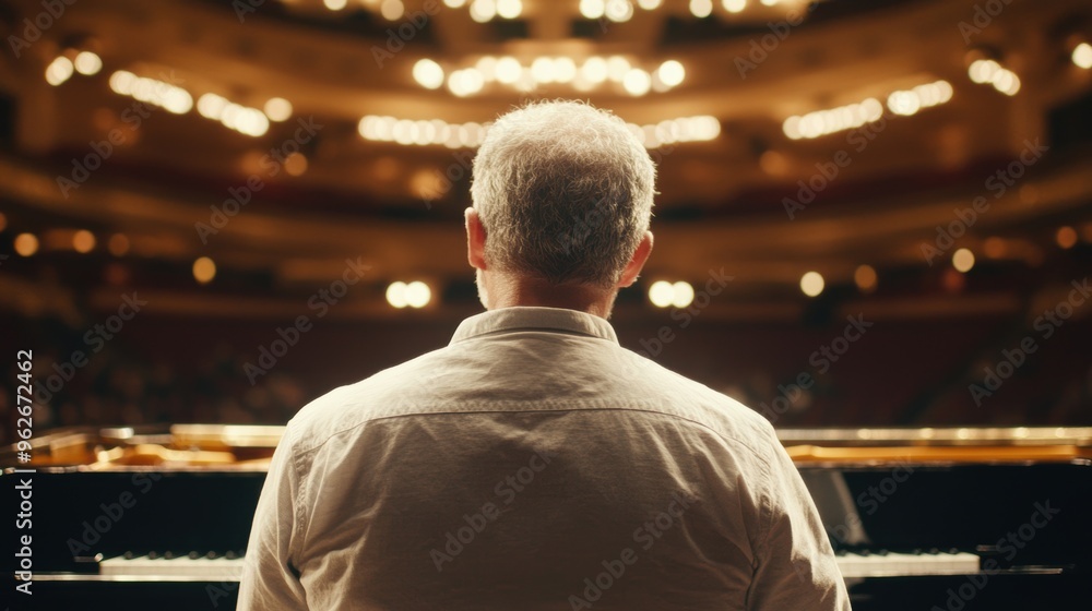 A talented musician plays the piano beautifully in a stunning concert hall, enchanting the audience with every note A talented musician plays the piano beautifully in a stunning concert hall, enchanting the audience with every note