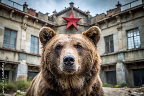 A Menacing Bear With A Red Star On Its Forehead Stands Defiantly In Front Of A Dilapidated Soviet-Era Building. photo