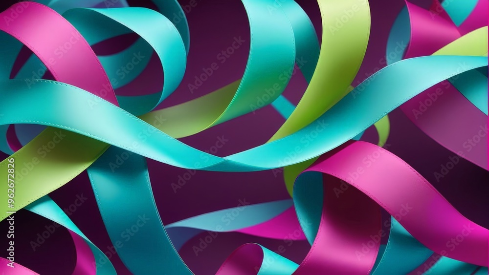 Abstract background with colorful ribbons in blue, green, and pink, swirling and flowing in a dark background. Abstract background with colorful ribbons in blue, green, and pink, swirling and flowing in a dark background.