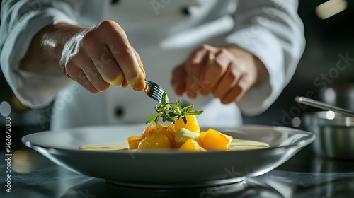 Skilled Chef s Hand Finishing Exquisite Potato Dish with Smooth Sauce on Dark Background photo