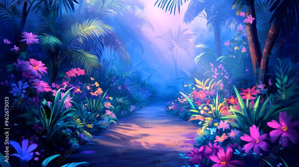 A misty path winds through a lush tropical jungle, bathed in warm sunlight. Vibrant flowers bloom on either side, adding a touch of color to the scene. A misty path winds through a lush tropical jungle, bathed in warm sunlight. Vibrant flowers bloom on either side, adding a touch of color to the scene.