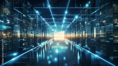 Futuristic digital cityscape with glowing lines and data servers