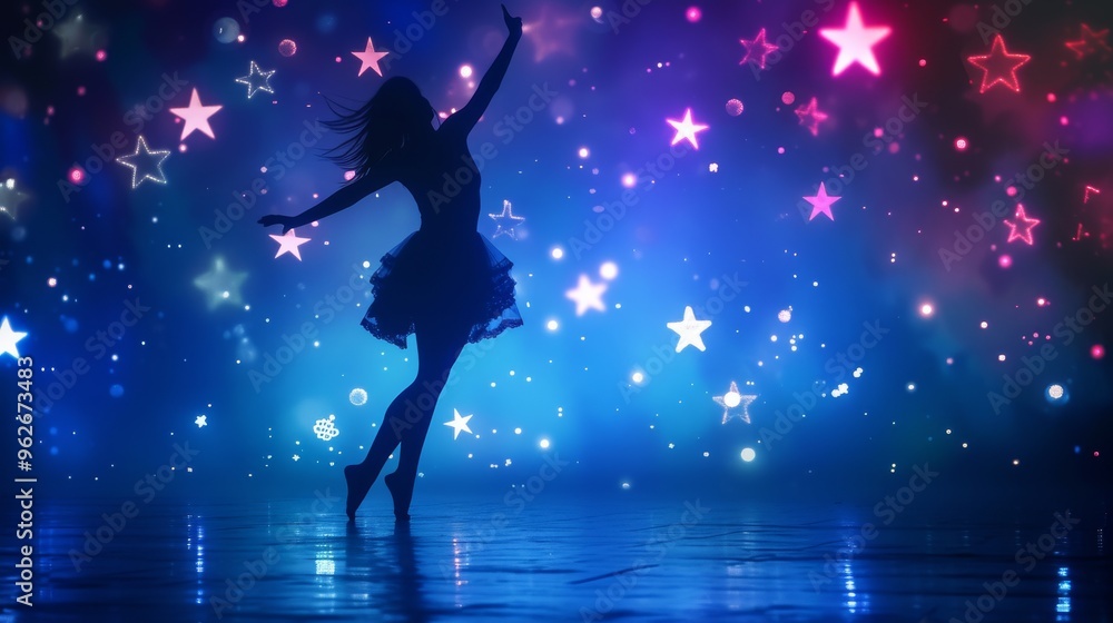 A ballerina twirls gracefully under a mesmerizing starry sky backdrop. Her silhouette against the dreamy blue and pink hues creates an enchanting and ethereal atmosphere, perfect for themes of beauty A ballerina twirls gracefully under a mesmerizing starry sky backdrop. Her silhouette against the dreamy blue and pink hues creates an enchanting and ethereal atmosphere, perfect for themes of beauty