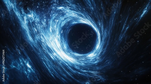 A swirling cosmic black hole surrounded by luminous blue energy and stars. photo