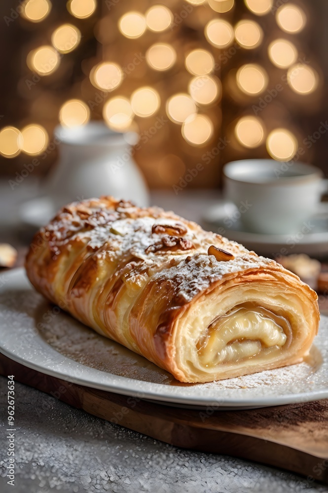 Sweet baked apple strudel on bokeh light party background, delicious apfelstrudel pastry dessert golden baked crust food, Christmas celebration Sweet baked apple strudel on bokeh light party background, delicious apfelstrudel pastry dessert golden baked crust food, Christmas celebration