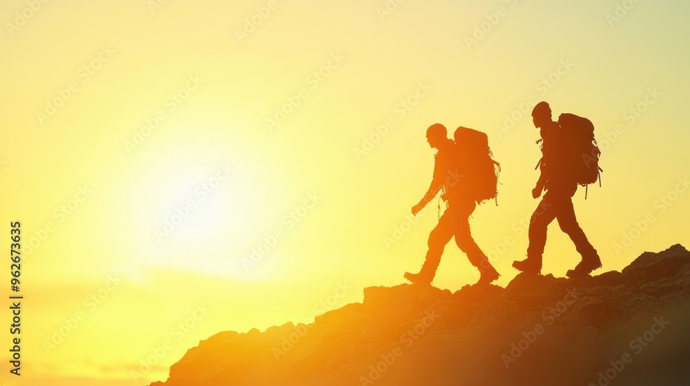 Two hikers silhouette against a stunning sunrise, celebrating their achievement at the mountain summit, filled with tranquility and awe Two hikers silhouette against a stunning sunrise, celebrating their achievement at the mountain summit, filled with tranquility and awe