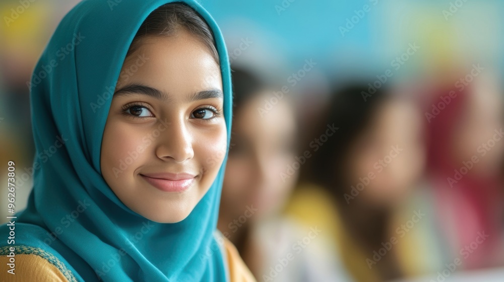 A group of smiling students wearing hijabs studies together, exchanging ideas and notes in a vibrant classroom setting A group of smiling students wearing hijabs studies together, exchanging ideas and notes in a vibrant classroom setting
