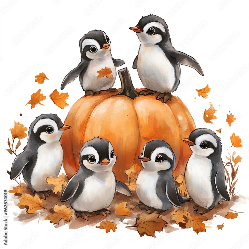 Fototapeta premium A group of penguins gathered around a Thanksgiving pumpkin clipart, playful and cute, warm autumn hues, digital painting, isolated on white background