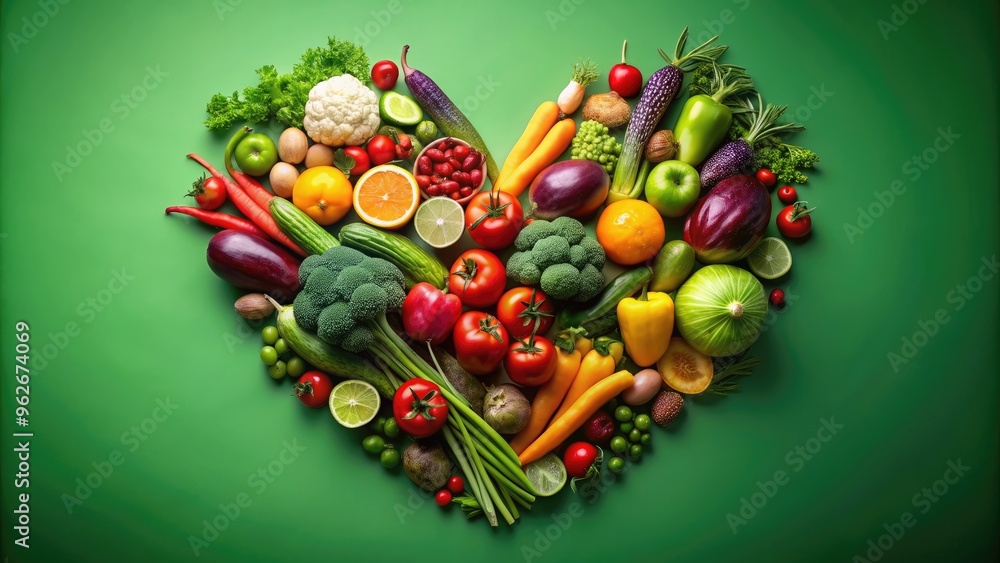 Vibrant heart-shaped display of fresh fruits and vegetables on green background, strawberries, blueberries, avocado Vibrant heart-shaped display of fresh fruits and vegetables on green background, strawberries, blueberries, avocado