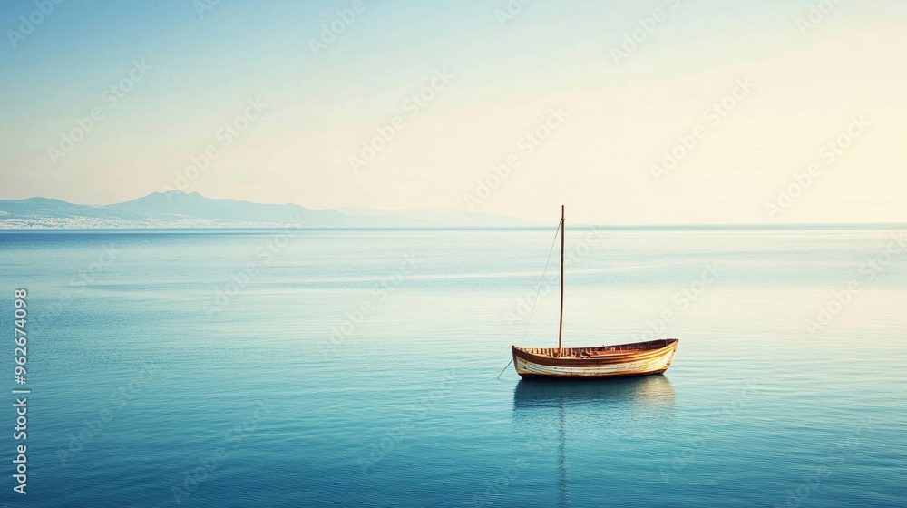 A tranquil sailboat floats alone on placid blue waters, with soft morning light illuminating the peaceful landscape A tranquil sailboat floats alone on placid blue waters, with soft morning light illuminating the peaceful landscape
