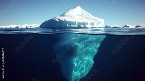 A detailed iceberg with its massive submerged section visible beneath the water, illustrating the 