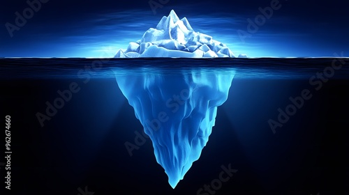 A detailed iceberg with its massive submerged section visible beneath the water, illustrating the 