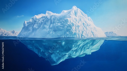 A detailed iceberg with its massive submerged section visible beneath the water, illustrating the 