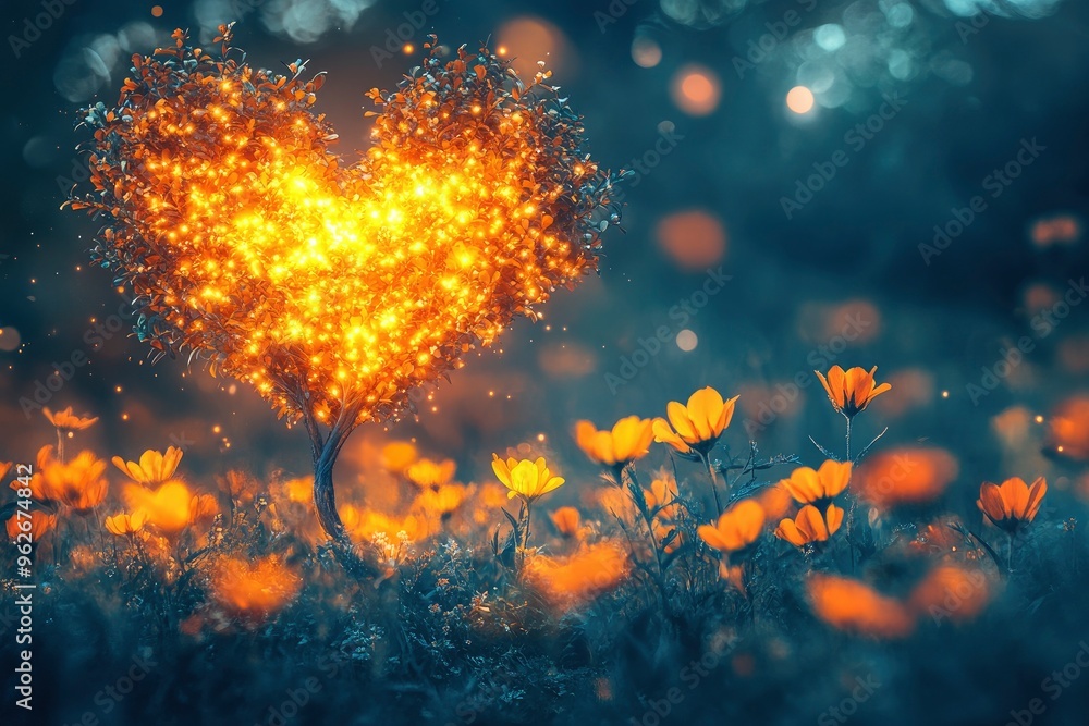 Enchanting heart-shaped fantasy tree glowing amidst orange wildflowers covered in morning dew, set against a dreamy bokeh background hinting at a magical realm with generative ai Enchanting heart-shaped fantasy tree glowing amidst orange wildflowers covered in morning dew, set against a dreamy bokeh background hinting at a magical realm with generative ai