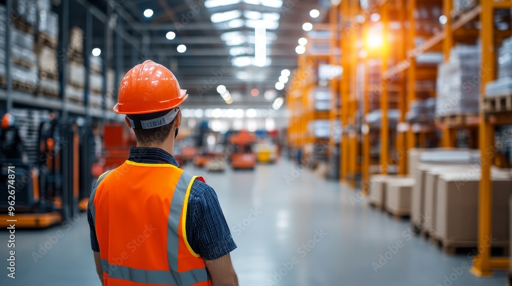 A warehouse worker in a hard hat and vest monitors operations in a busy industrial setting filled with equipment and pallets. A warehouse worker in a hard hat and vest monitors operations in a busy industrial setting filled with equipment and pallets.