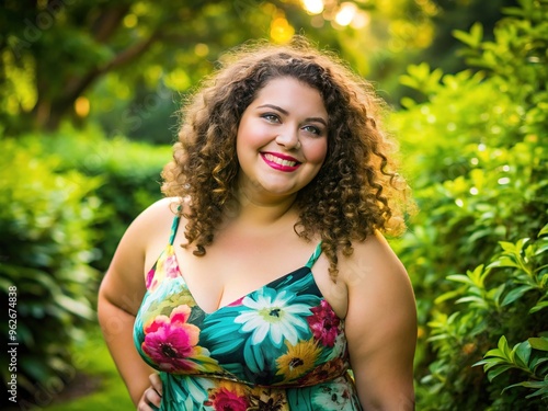A plus-sized young woman with curly brown hair and a bright smile, wearing a colorful sundress, stands confidently in a lush green outdoor setting.