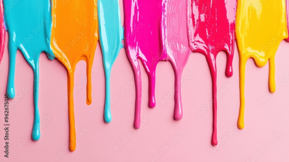 Colorful paint drips in shades of blue, pink, and yellow seamlessly blend together against a smooth pink backdrop Colorful paint drips in shades of blue, pink, and yellow seamlessly blend together against a smooth pink backdrop
