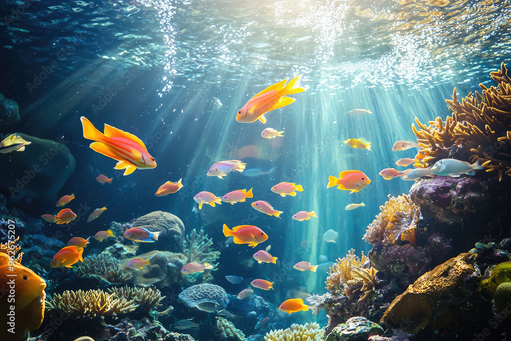 Naklejka premium A symphony of vibrant colors dances beneath the surface, as a school of fish glides through a coral reef, bathed in ethereal sunlight.