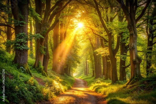 An Enchanting Forest Path Illuminated By Golden Sunlight, Leading Through Lush Greenery And Magical Trees photo