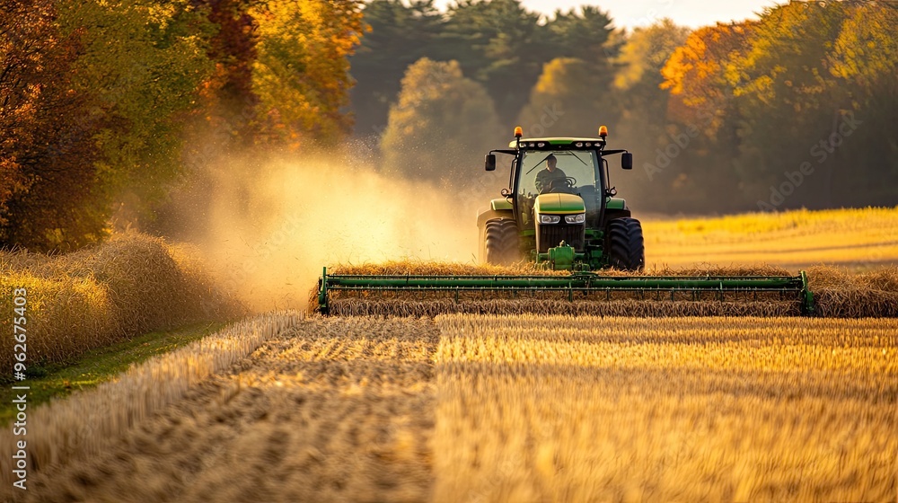 A tractor harvesting crops in a golden field during sunset. A tractor harvesting crops in a golden field during sunset.