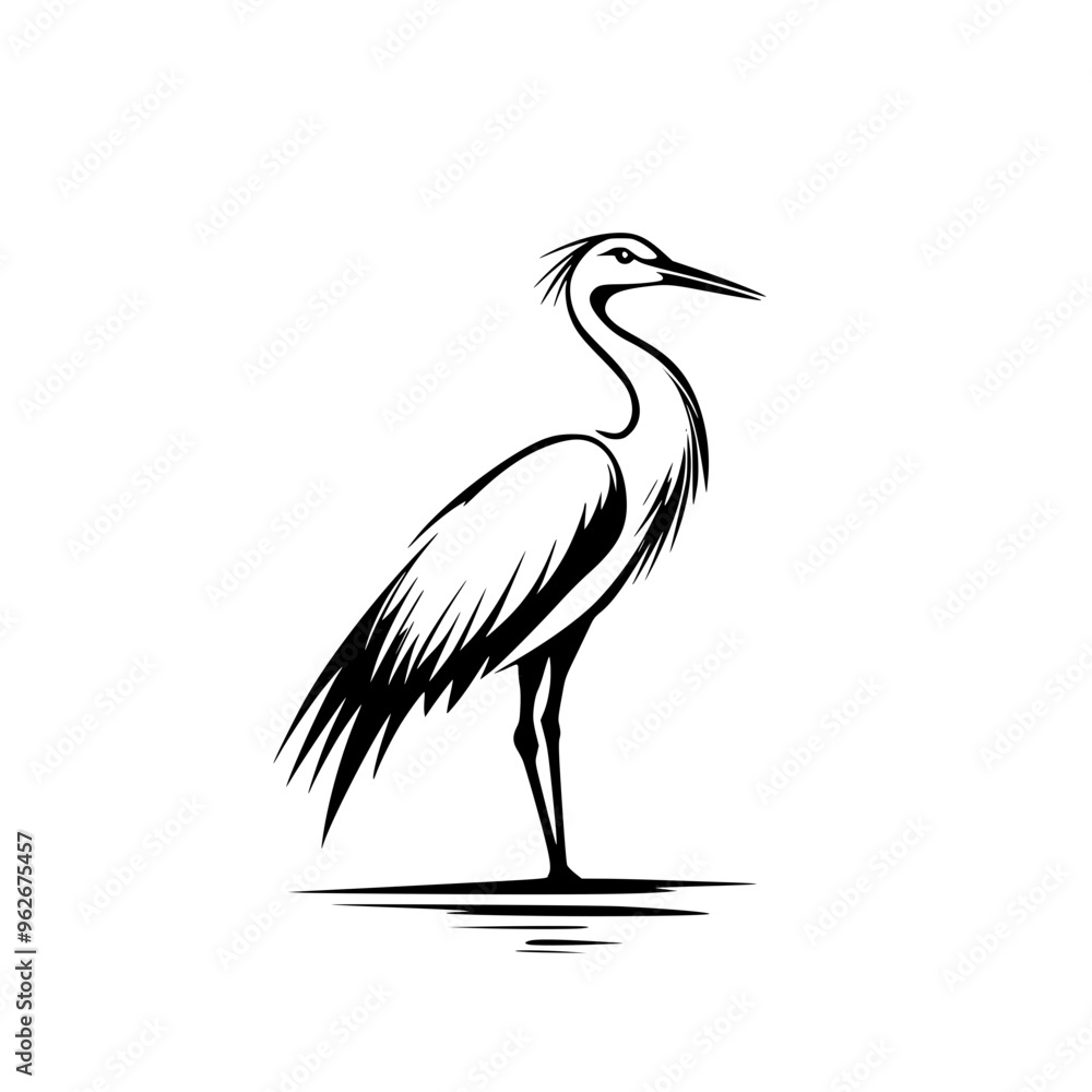 Obraz premium Elegant heron silhouette in black and white, Minimalist black and white heron silhouette illustration, showcasing its graceful stance and delicate feather details, ideal for logos or nature designs. 