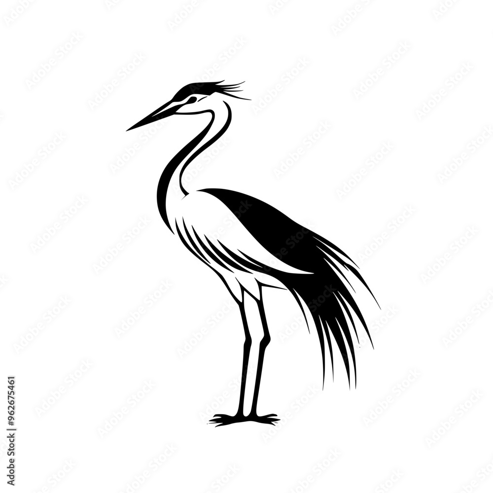 Obraz premium Elegant heron silhouette in black and white, Minimalist black and white heron silhouette illustration, showcasing its graceful stance and delicate feather details, ideal for logos or nature designs. 