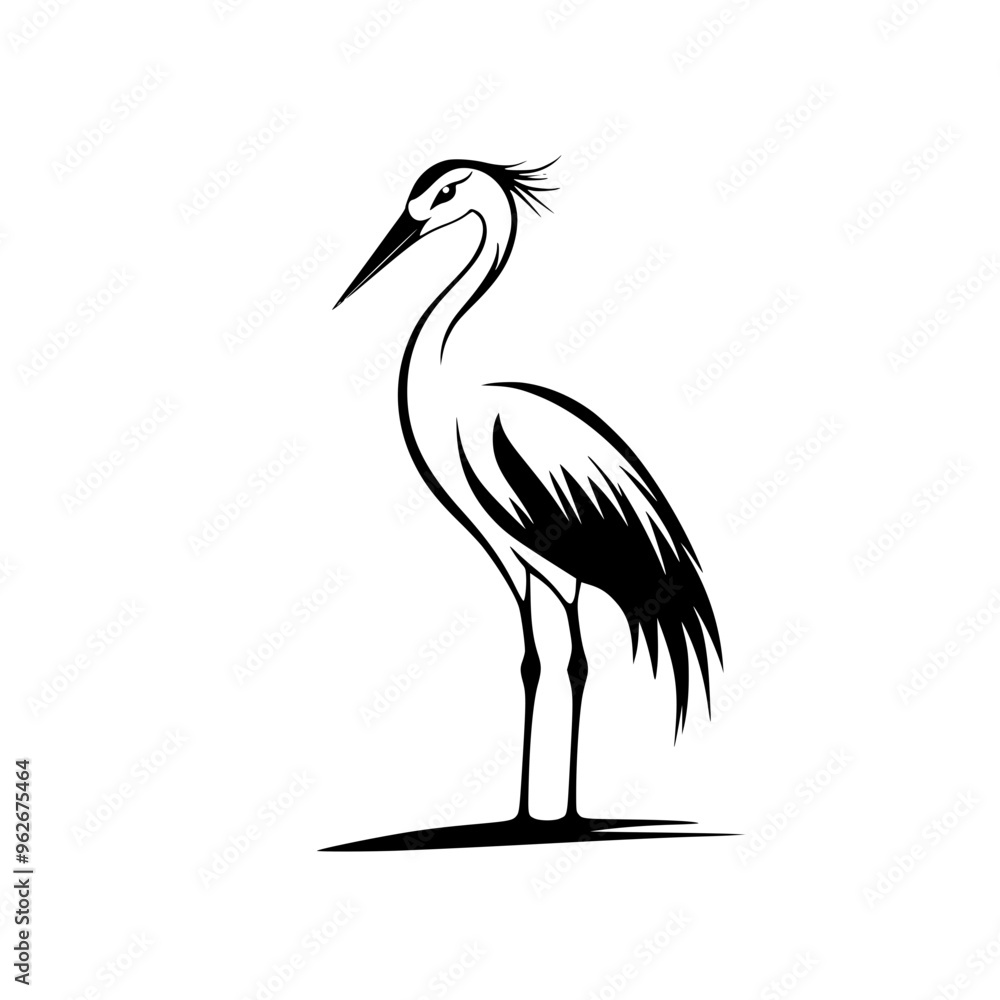 Obraz premium Elegant heron silhouette in black and white, Minimalist black and white heron silhouette illustration, showcasing its graceful stance and delicate feather details, ideal for logos or nature designs. 
