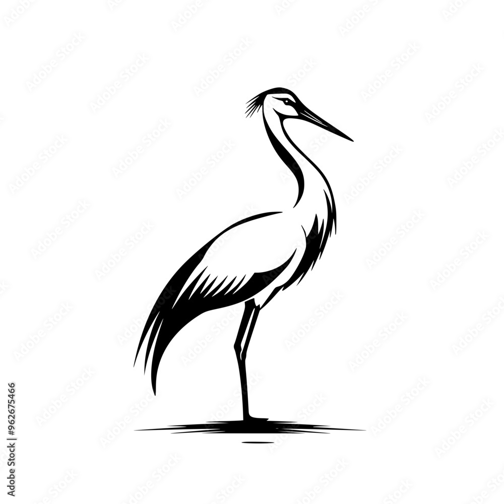 Obraz premium Elegant heron silhouette in black and white, Minimalist black and white heron silhouette illustration, showcasing its graceful stance and delicate feather details, ideal for logos or nature designs. 