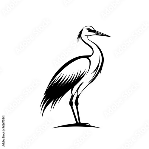 Elegant heron silhouette in black and white, Minimalist black and white heron silhouette illustration, showcasing its graceful stance and delicate feather details, ideal for logos or nature designs.
