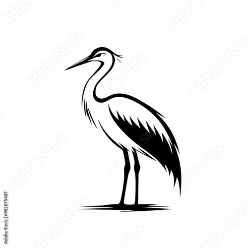 Elegant heron silhouette in black and white, Minimalist black and white heron silhouette illustration, showcasing its graceful stance and delicate feather details, ideal for logos or nature designs.
