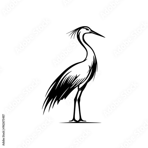 Elegant heron silhouette in black and white, Minimalist black and white heron silhouette illustration, showcasing its graceful stance and delicate feather details, ideal for logos or nature designs.
