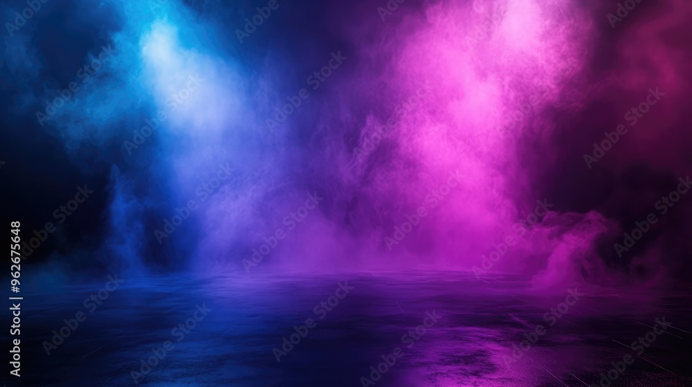 Fototapeta premium Abstract Blue and Purple Neon Light Background with Smoke on Floor, Dark Foggy Room for Product Presentation Mock-up