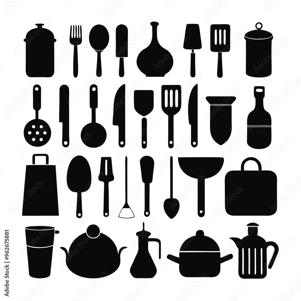 Essential kitchen tools silhouette vector collection. Essential kitchen tools silhouette vector collection.