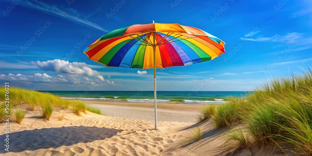 Vibrant beach umbrella with colorful stripes and sturdy pole stands erect on sun-kissed sandy dunes, providing shade and protection from intense oceanfront sunlight. Vibrant beach umbrella with colorful stripes and sturdy pole stands erect on sun-kissed sandy dunes, providing shade and protection from intense oceanfront sunlight.