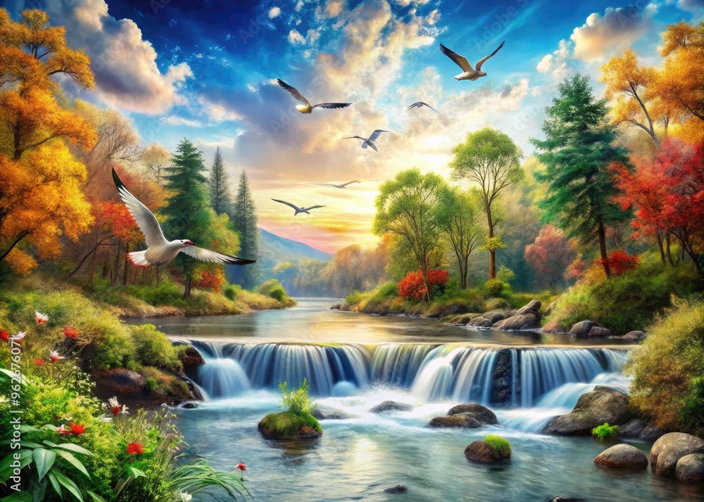 Animated Scene Depicting The Vibrant And Ever-Changing Beauty Of The Natural World, Showcasing The Dynamic Movement Of Elements Such As Flowing Water, Swaying Trees, And Fluttering Birds. Animated Scene Depicting The Vibrant And Ever-Changing Beauty Of The Natural World, Showcasing The Dynamic Movement Of Elements Such As Flowing Water, Swaying Trees, And Fluttering Birds.