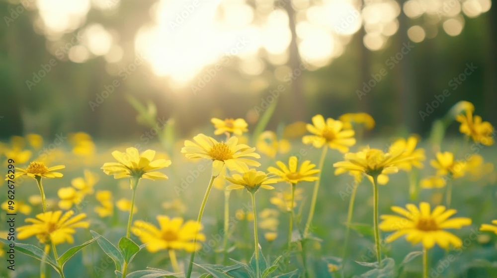Fototapeta premium In a serene forest, bright yellow wildflowers thrive under warm golden sunlight, adding color to the lush green landscape during springtime