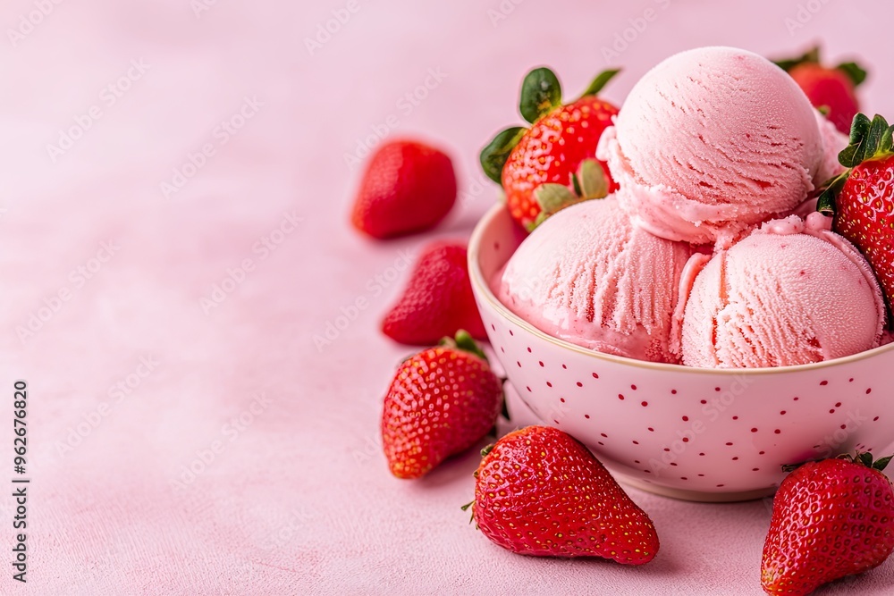 Bowl of strawberry ice cream with fresh strawberries.