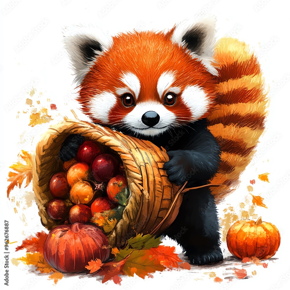 Obraz premium A red panda carrying a Thanksgiving cornucopia clipart, whimsical and festive, vibrant autumn hues, digital painting, isolated on white background