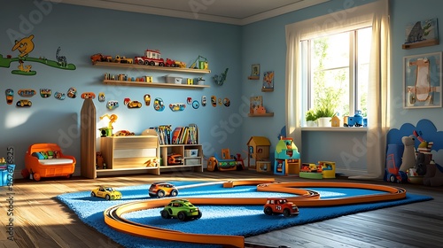 Fun kids' room with a toy car track and wall decals. photo