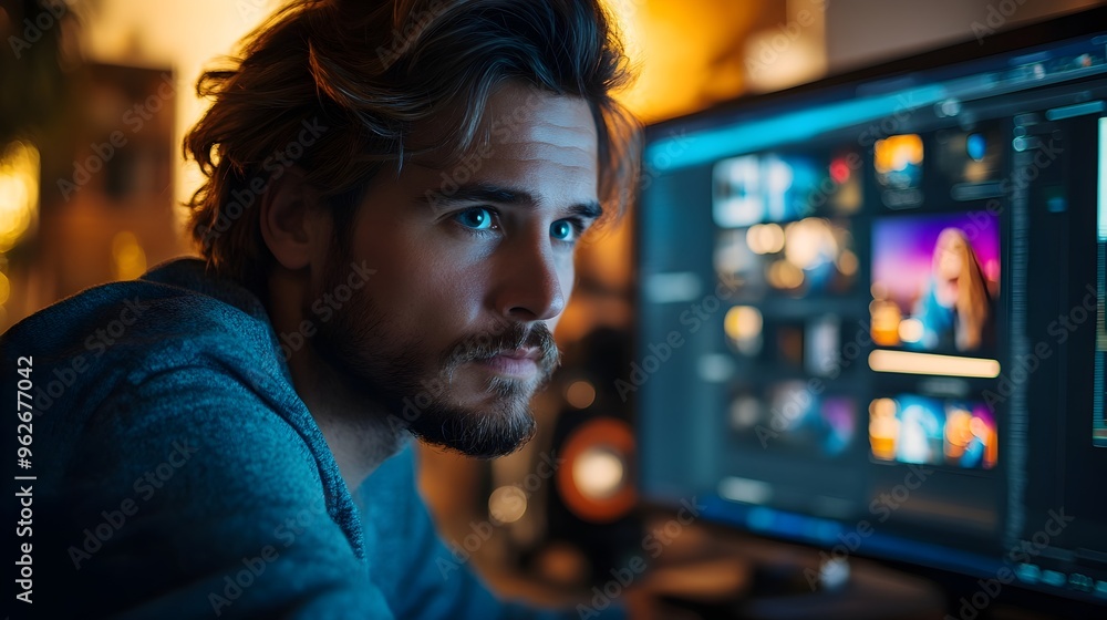Digital Content Creator Editing Promotional Video on Desktop Computer Digital Content Creator Editing Promotional Video on Desktop Computer