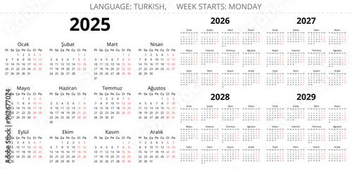 2025, 2026, 2027, 2028, 2029 turkish calendars. Printable vector illustration for Turkey